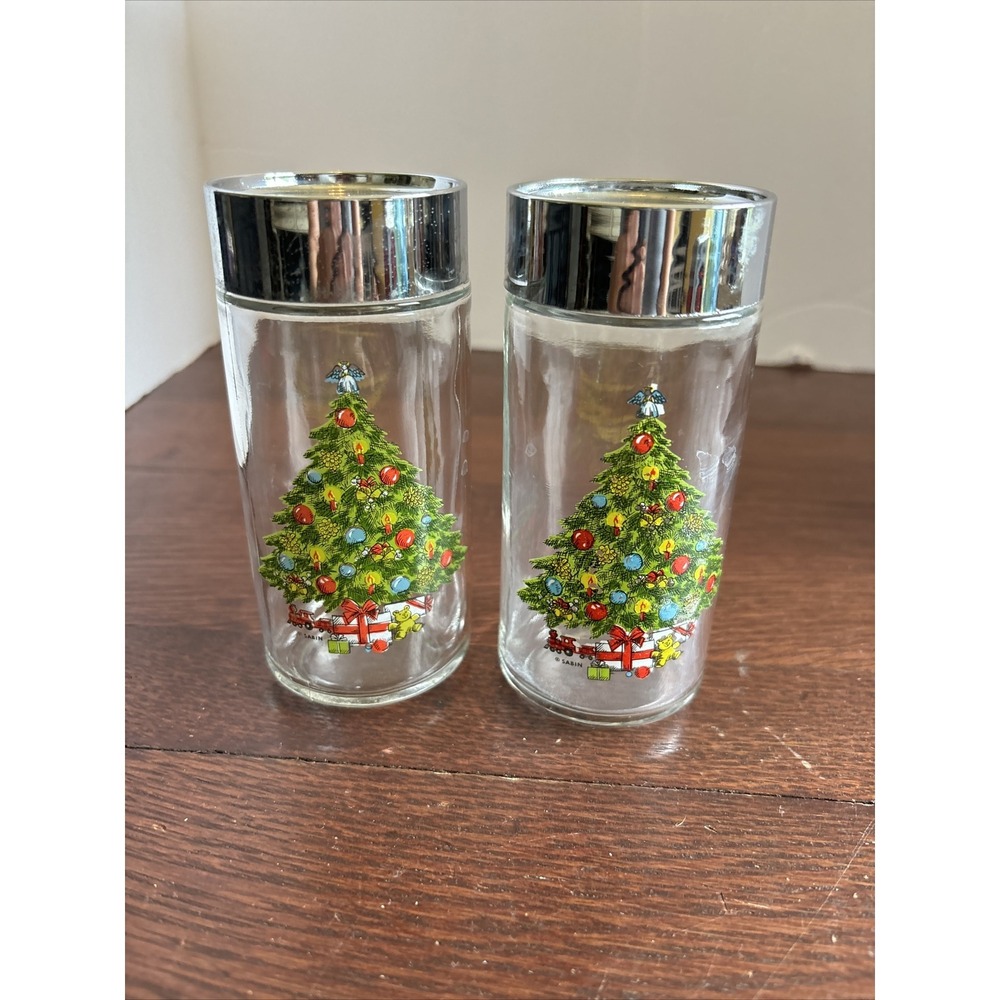 Vintage Sabin Christmas Tree Glass Salt and Pepper Shakers Chrome Lids Set of 2